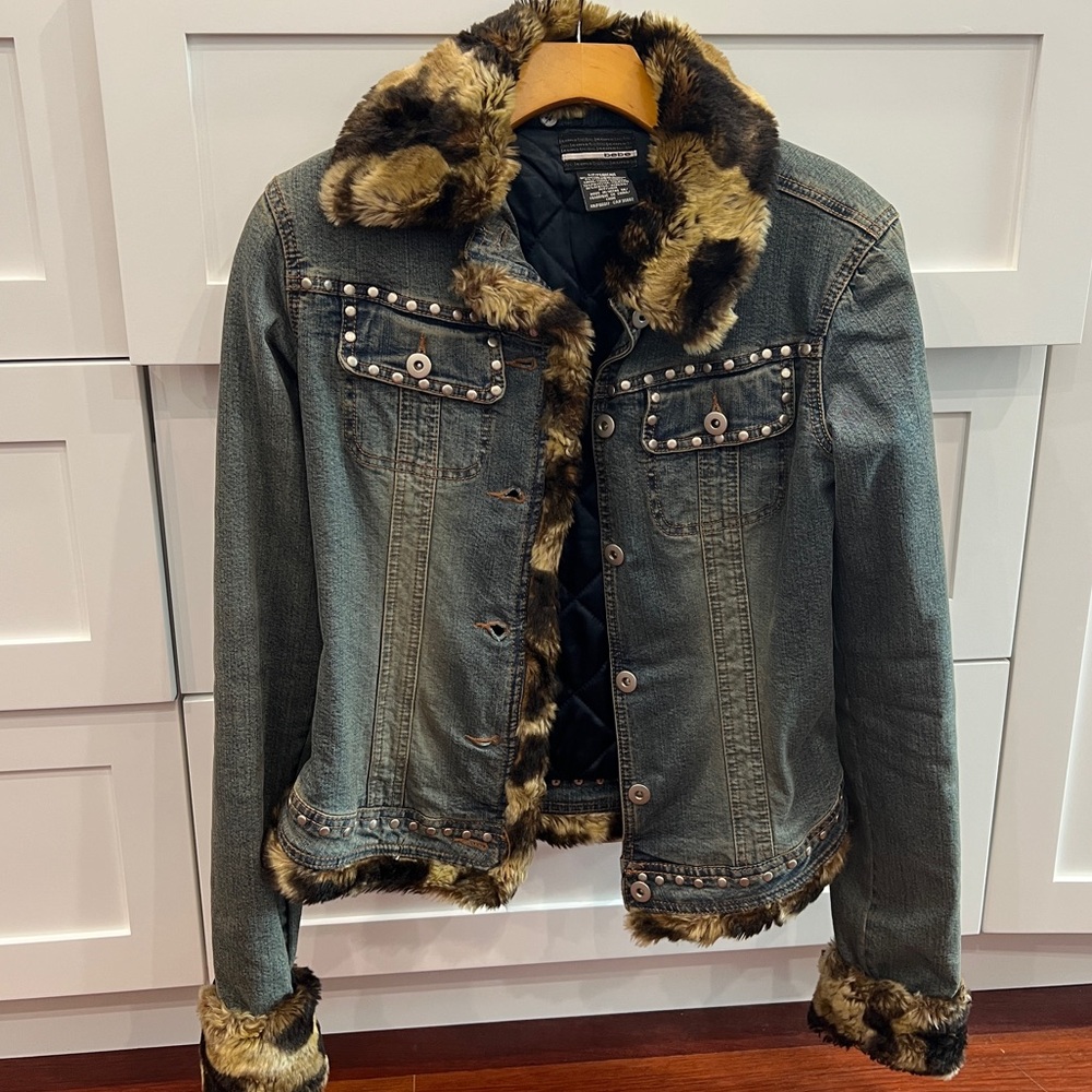 Bebe Stylish denim Faux Fur Trimmed jacket